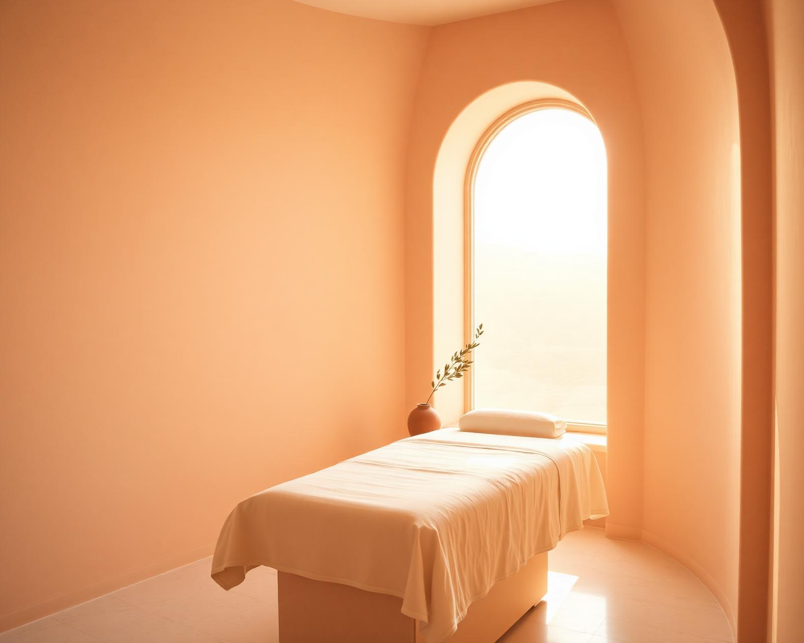 Calm sunlit treatment suite at Yamy Medical and Wellness with warm plaster walls and an arched window.