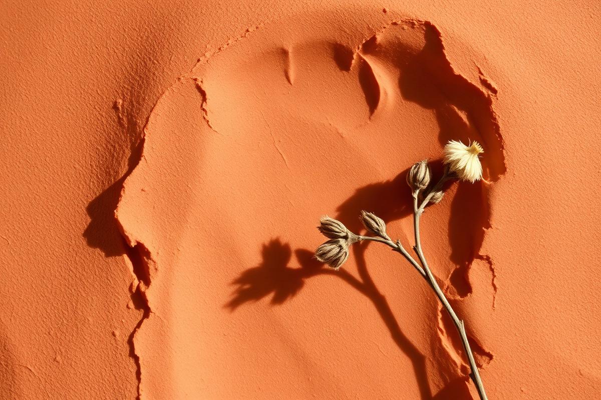 Warm terracotta plaster with a dried botanical.